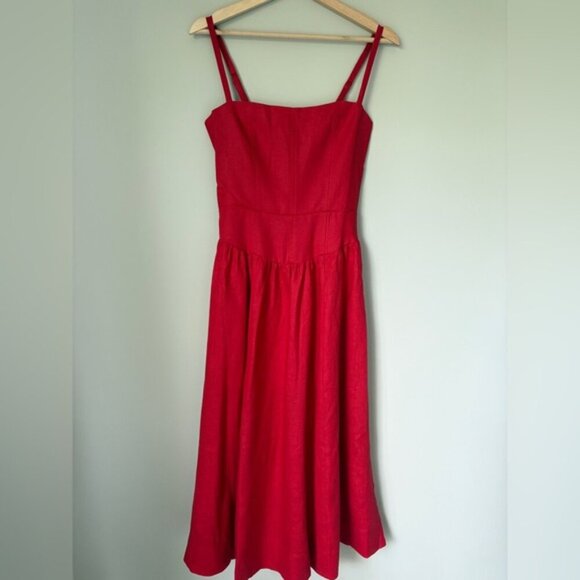 NEW Reformation Katarin Linen Midi Dress Lipstick Red Lace Detail | US 4 UK 8 - Picture 7 of 16